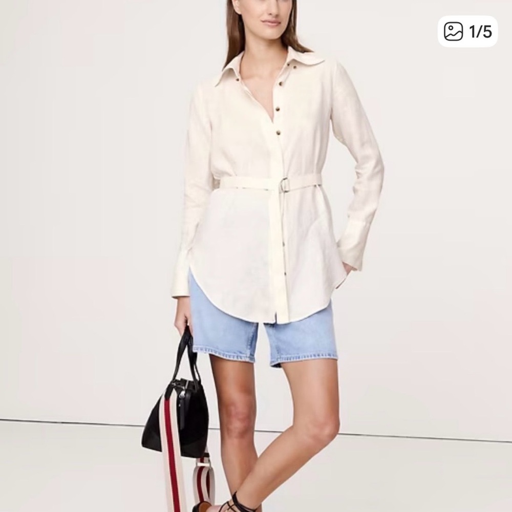 Banana Republic Off-White Button-Down Tunic Linen Shirt with Belt